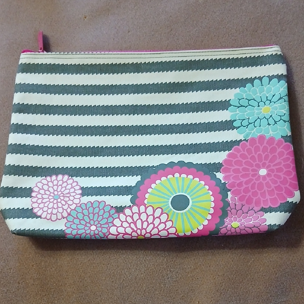 THIRTy-one Floral Stripe Cosmetic Pouch - Black, White, Pink & Teal